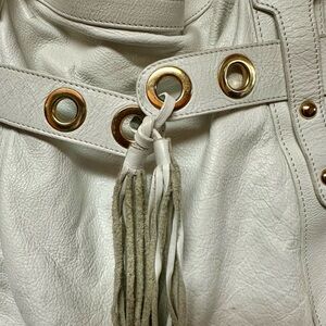 Elegant White Shoulder Bag with Gold Accents